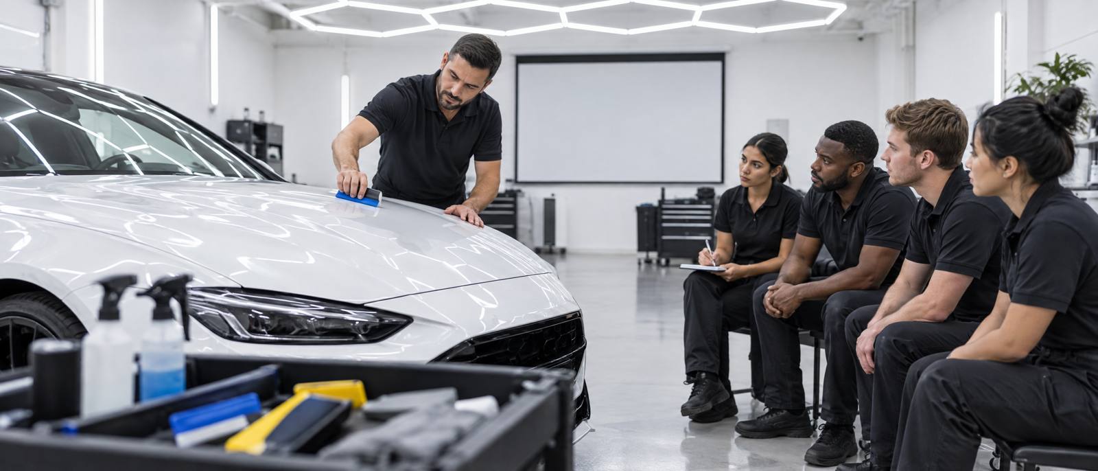 Instructor teaching installers on a white sedan